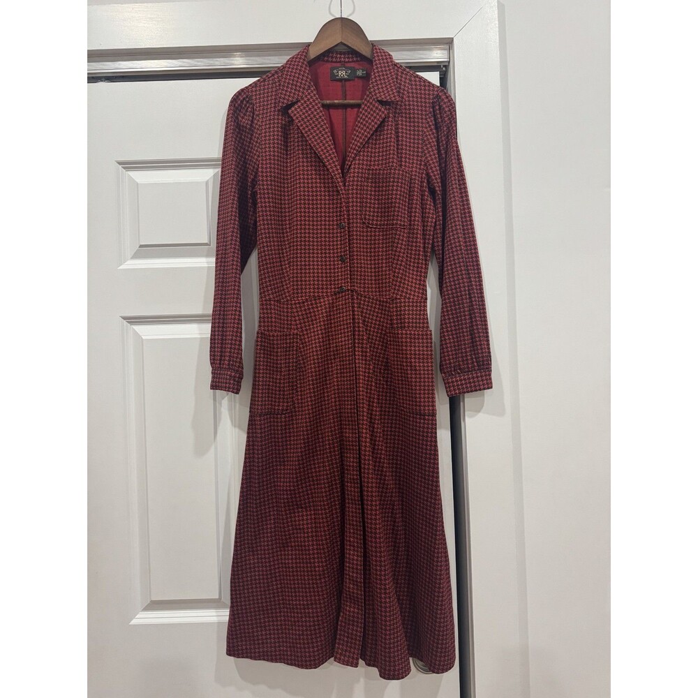 RRL Ralph Lauren Womens Red 4P Houndstooth Long Sleeve Cotton Dress Midi